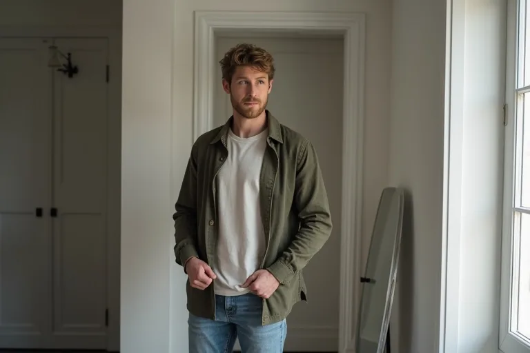 Man provar en overshirt med enkel vardagsstil och kontrollerar hur den fungerar i en neutral outfit.