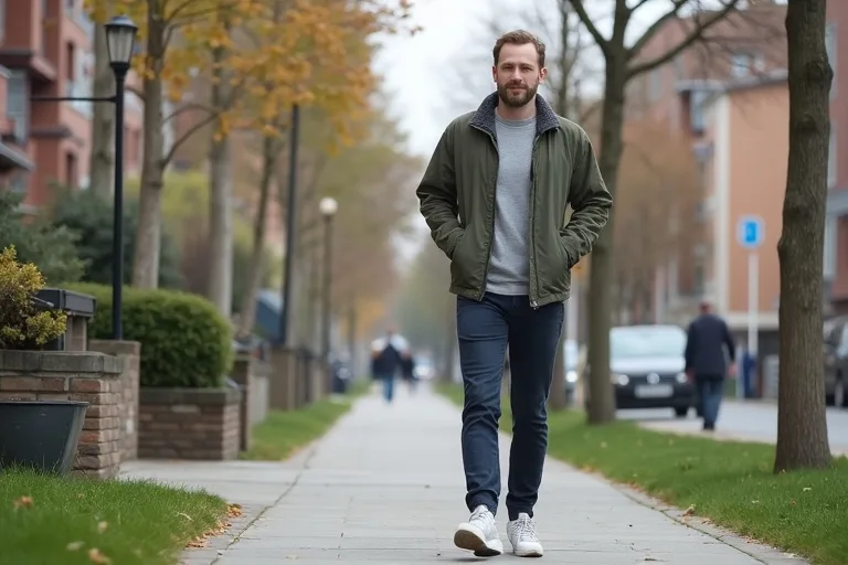 En man går en enkel vardagspromenad i ett bostadsområde