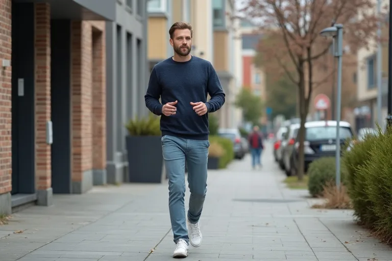 En man går raskt på en trottoar under en vardaglig promenad