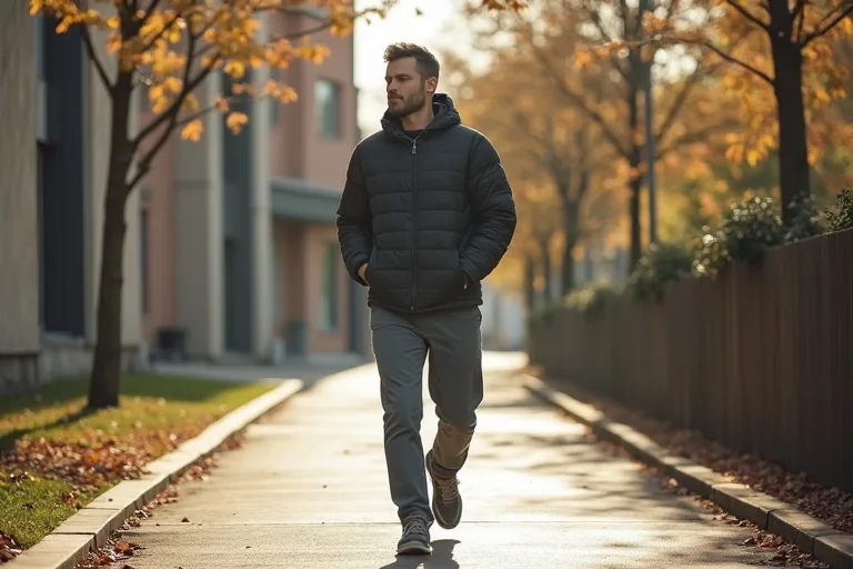 En man går lugnt och konsekvent på en vardaglig promenad i bostadsområdet