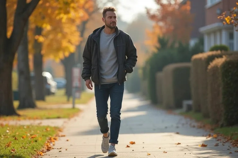 En man förbereder enkla saker hemma för att lättare komma ut och promenera