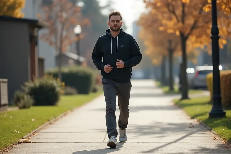 En man väljer ett lugnt men effektivt tempo under sin promenad
