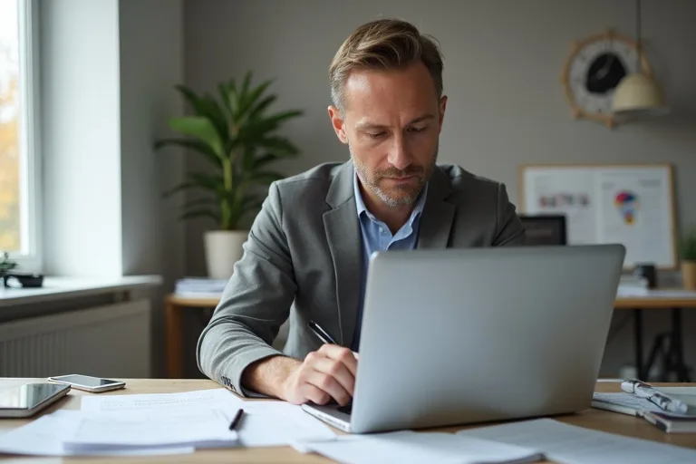 En man förbereder referenser inför ett jobbsökande vid en laptop och anteckningar
