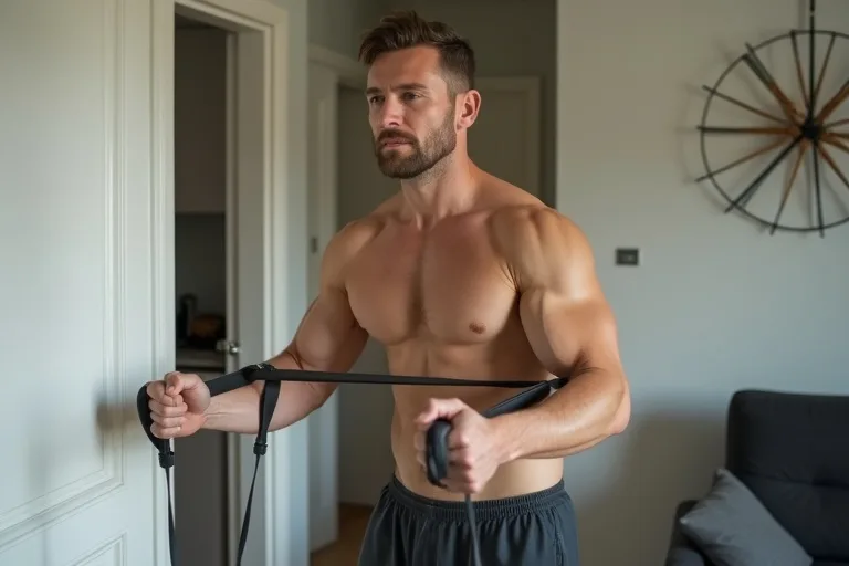 Mannen använder motståndsband i ett enkelt hemmapass med fokus på funktion och rutin