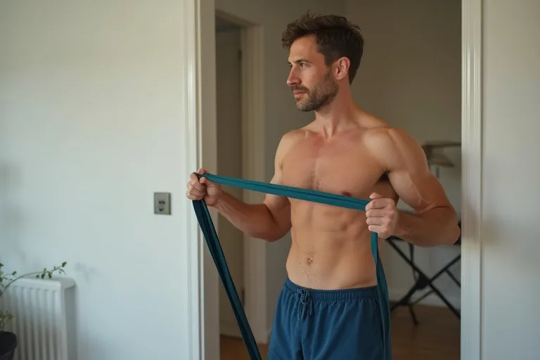 En man tränar hemma med motståndsband i en enkel och vardagsnära miljö