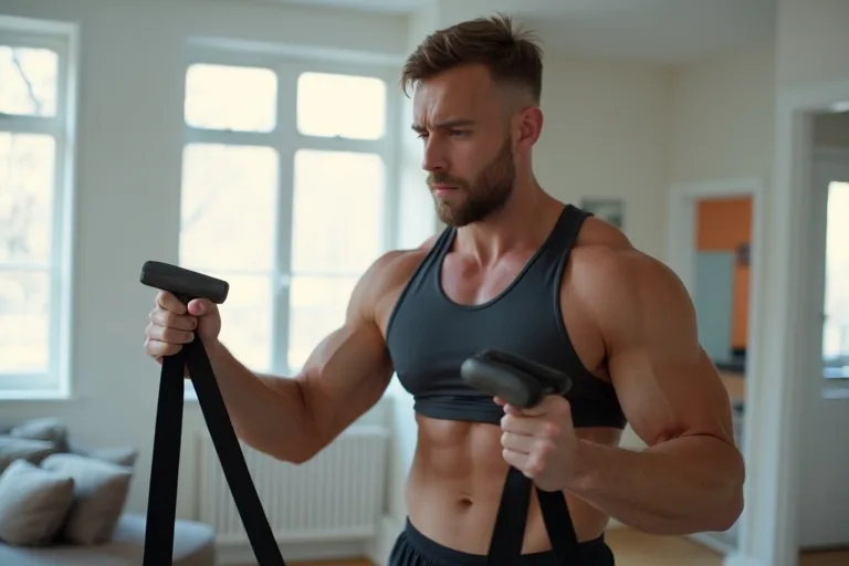 Man som använder träningsband i vardagsrummet för ett enkelt hemmapass