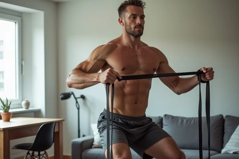 Man som tränar hemma med motståndsband i en vardaglig miljö