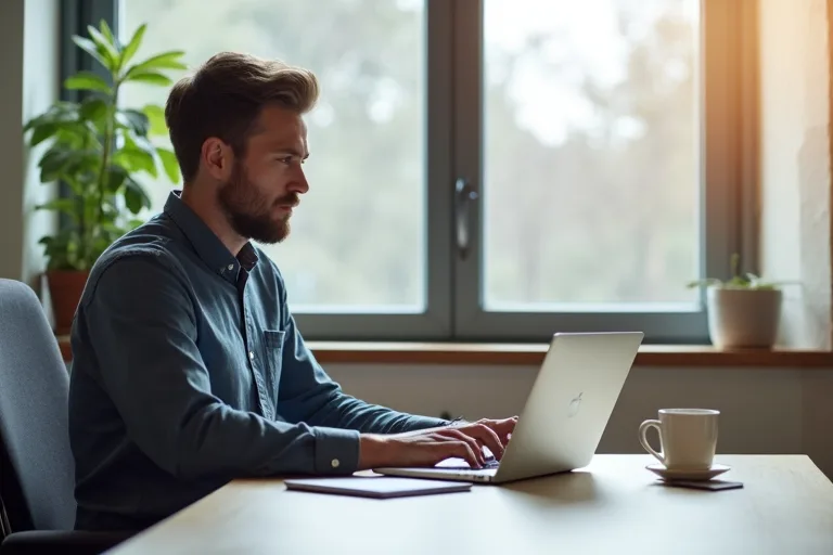 En man skriver ett professionellt uppföljningsmail efter intervju i ett rent hemmakontor.