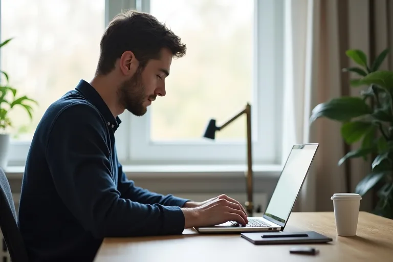 En man skriver en kort och tydlig struktur för uppföljningsmail efter intervju på en laptop.