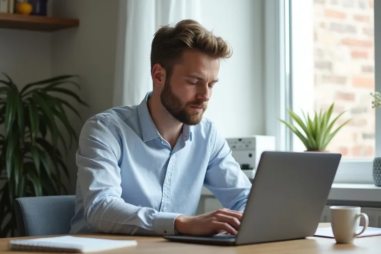 En man planerar när ett uppföljningsmail efter intervju ska skickas från sin laptop.