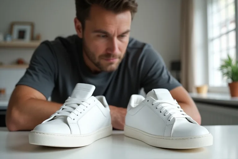 Man jämför två par vita sneakers på ett bord i en modern lägenhet