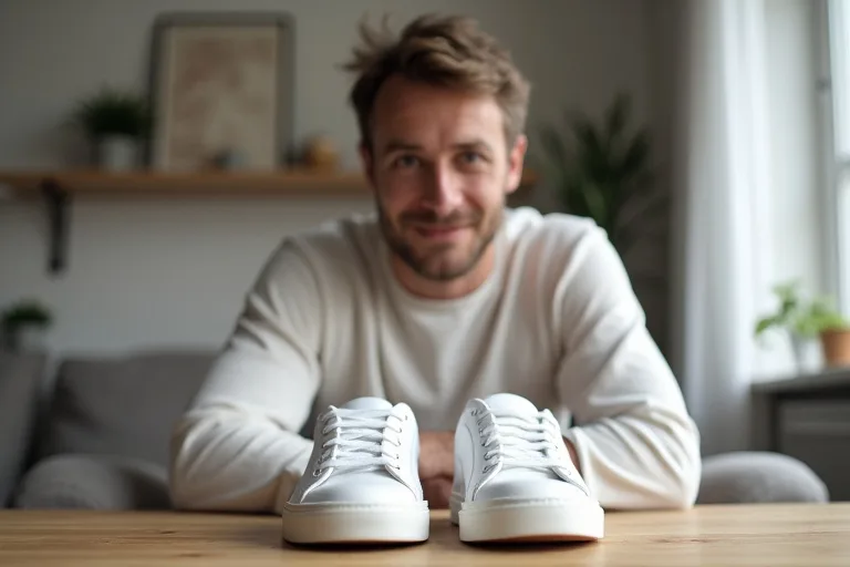 Närbild på vita sneakers som visar material, form och finish