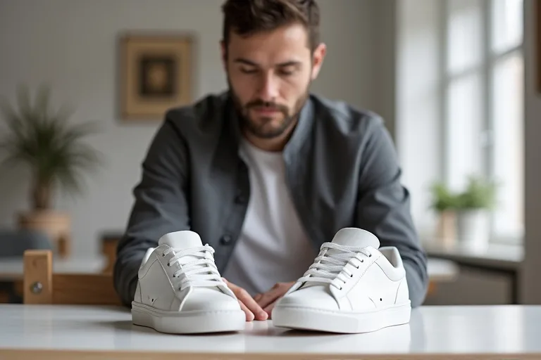 Vita sneakers i två olika prisklasser på ett vardagsbord