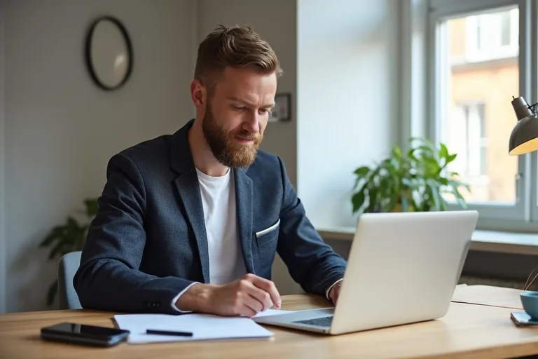 En man förbereder referenser inför jobbsökandet vid ett skrivbord