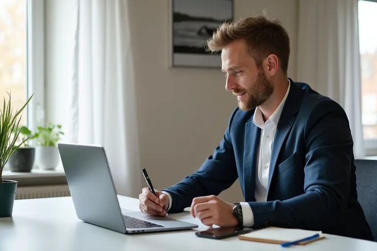 En man går igenom jobbreferenser och anteckningar på sin dator
