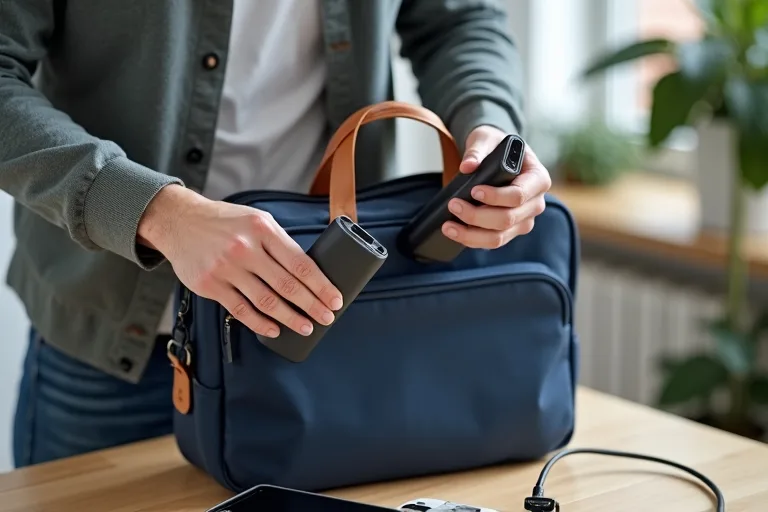 En man jämför två powerbanks bredvid mobil och laddkabel i en vardaglig miljö.