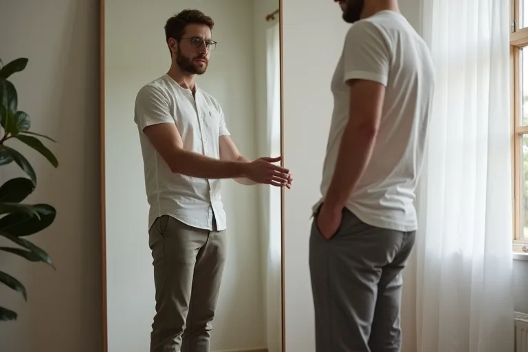 Man jämför två par chinos i en vardaglig provsituation