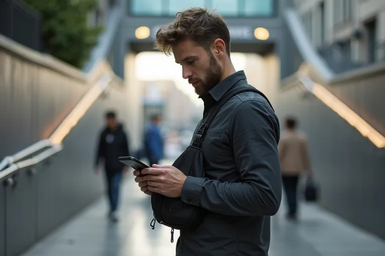 Man som bär en sling bag i stadsmiljö och organiserar sina vardagssaker