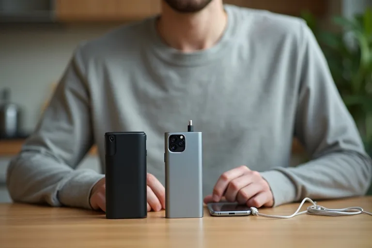 Man håller en kraftigare powerbank och mobil vid ett bord med laddsladd