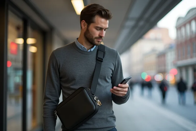 Man med sling bag som använder väskan för pendling och vardagliga saker