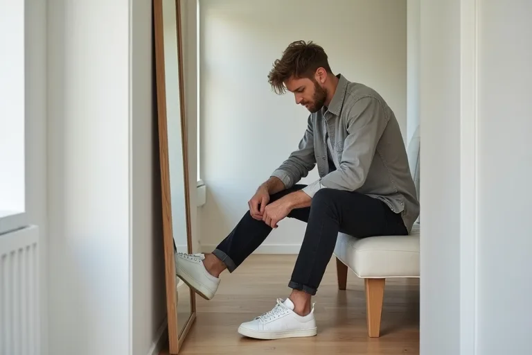 Närbild av vita sneakers som provas för att kontrollera passformen