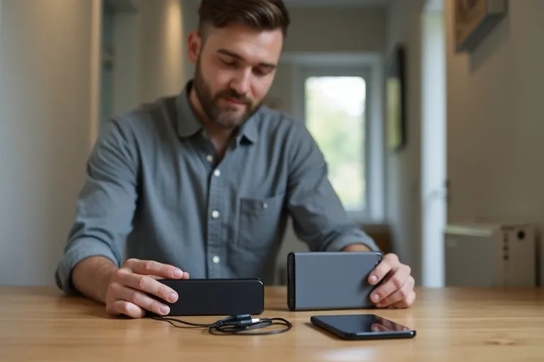 En vardaglig powerbank på ett köksbord bredvid mobil och laddkabel