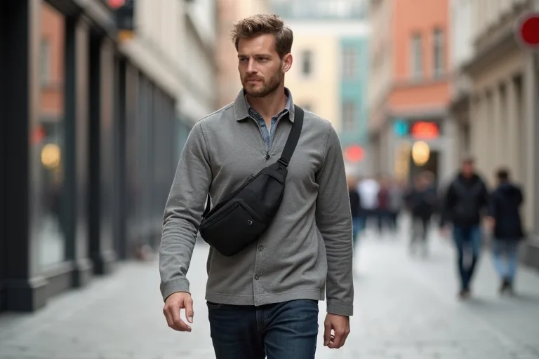 Man som bär en sling bag i en vardaglig stadsmiljö