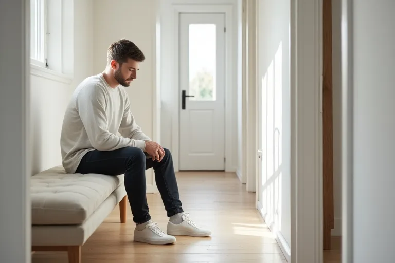 Man i enkel vardagsstil som matchar vita sneakers med neutrala kläder