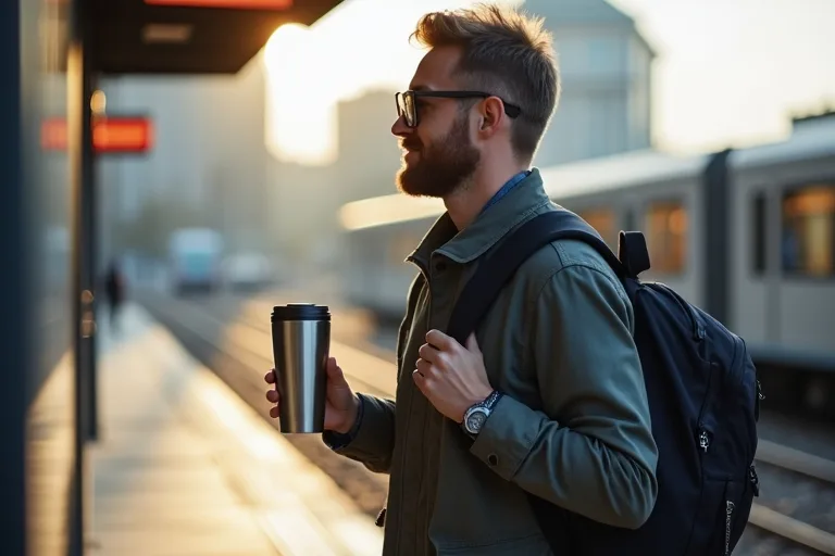 Man på väg till jobbet med en travel mug i handen