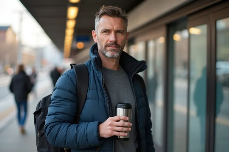 Närbild på travel mug med lock som passar vardagsbruk