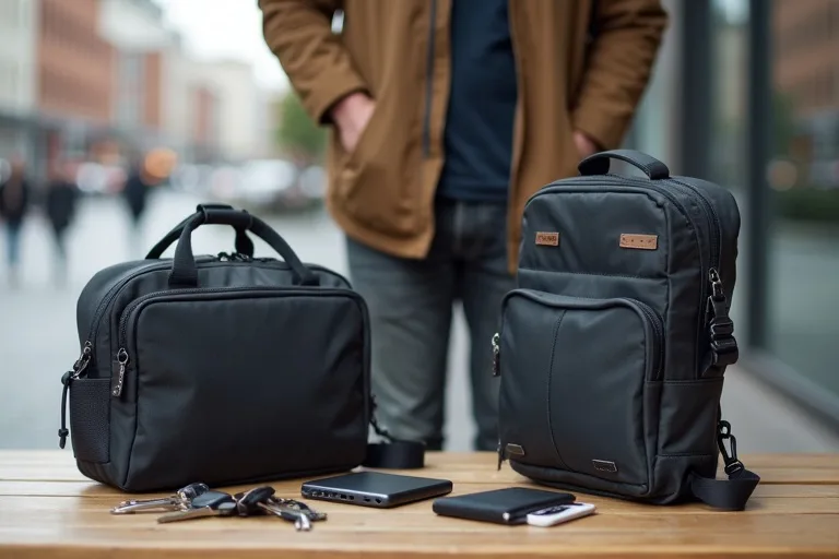 Närbild på vardagsprylar i en sling bag med fokus på organisering och innehåll