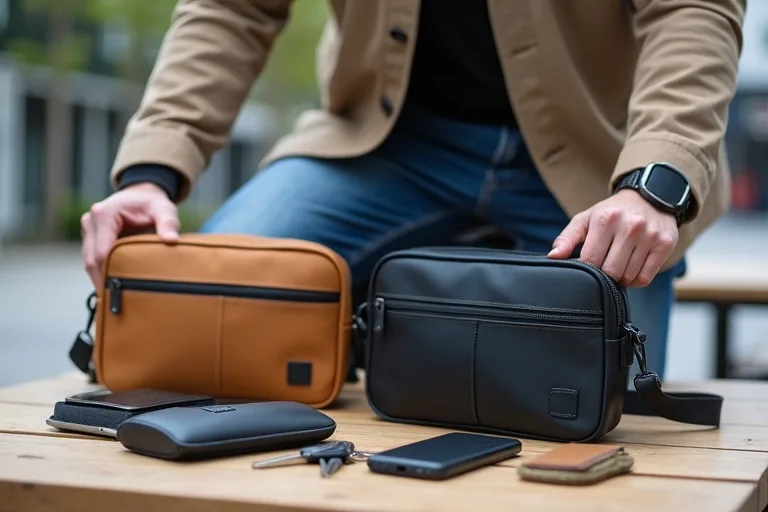 Man som jämför två sling bags i en vardaglig urban miljö