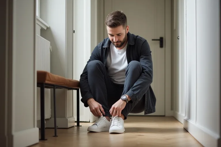 Vita sneakers i en enkel vardagsmiljö som visar en ren och användbar stil