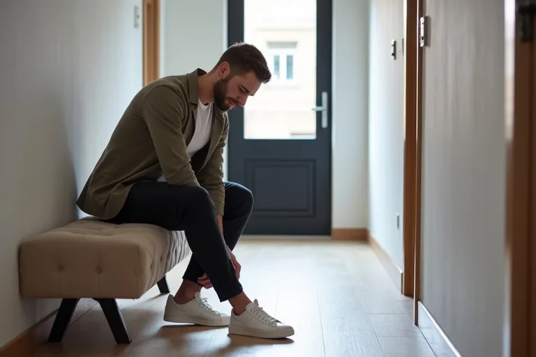 Man som knyter vita sneakers till en smart casual outfit inför jobb eller vardag