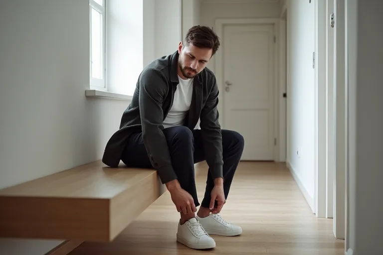 Vita sneakers matchade med kontorsvänlig vardagsstil och neutrala färger