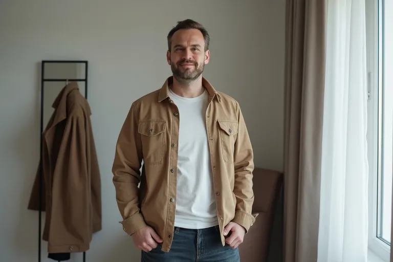 Man provar en overshirt och jämför budget och premium i en enkel vardaglig spegelmiljö.