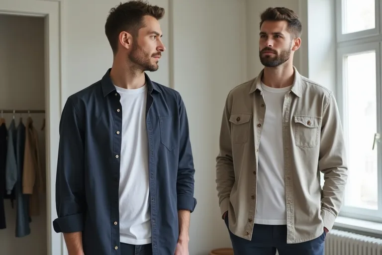 Närbild på overshirtens material och detaljer som visar skillnad mellan enklare och mer påkostad konstruktion.