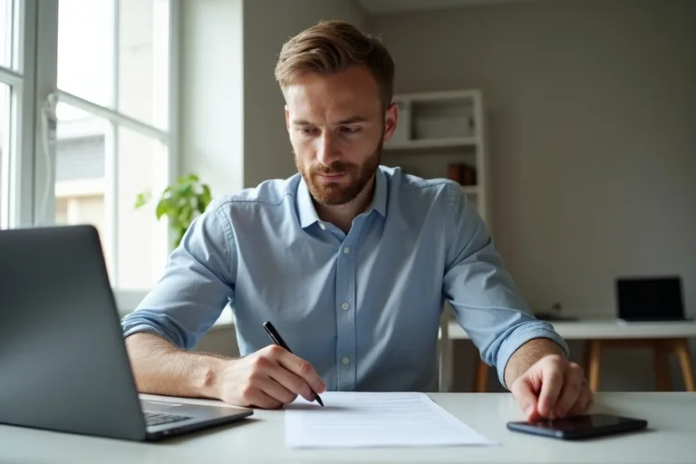 Man går igenom jobbreferenser och anteckningar vid en dator
