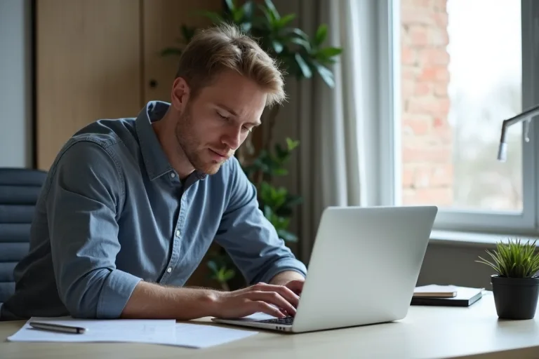 Man förbereder referenser inför en jobbansökan vid en laptop