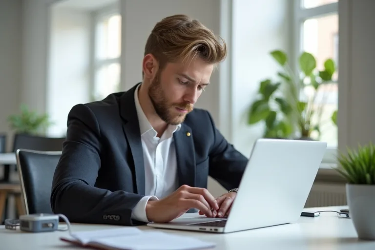 En man förbereder referenser inför ett jobbsökande vid en laptop i ett ljust hemmakontor