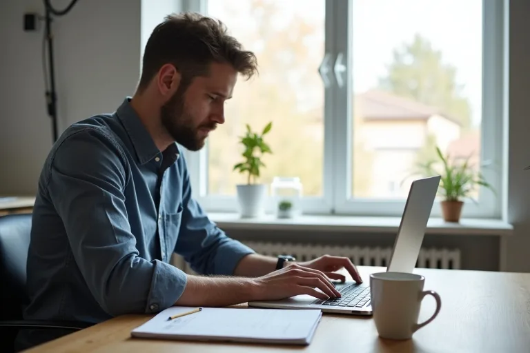 En man skriver en kort och tydlig formulering om löneanspråk i en jobbansökan