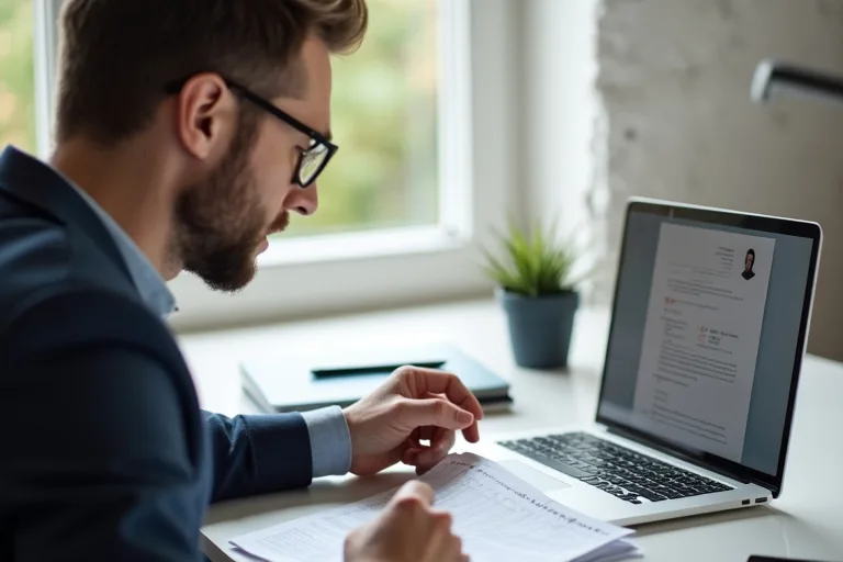 En man granskar sitt CV vid ett skrivbord med laptop och anteckningar i en lugn arbetsmiljö.