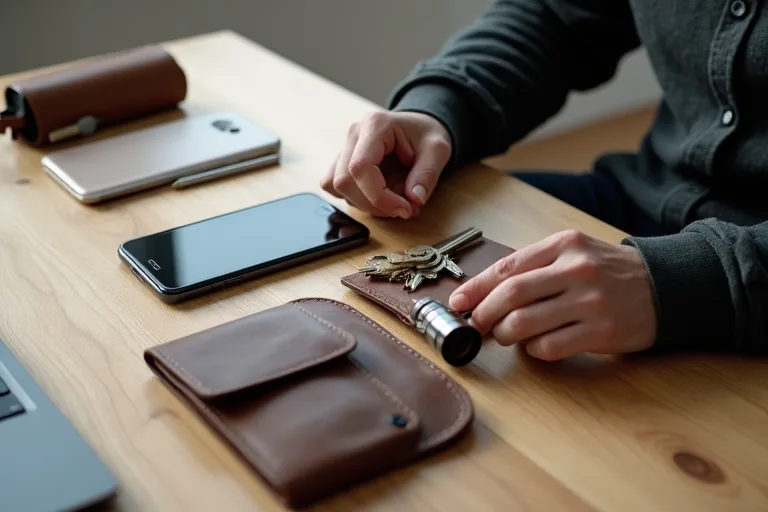 En man lägger fram mobil, nycklar, plånbok och några små vardagsprylar på ett rent skrivbord för att skapa en organiserad EDC.