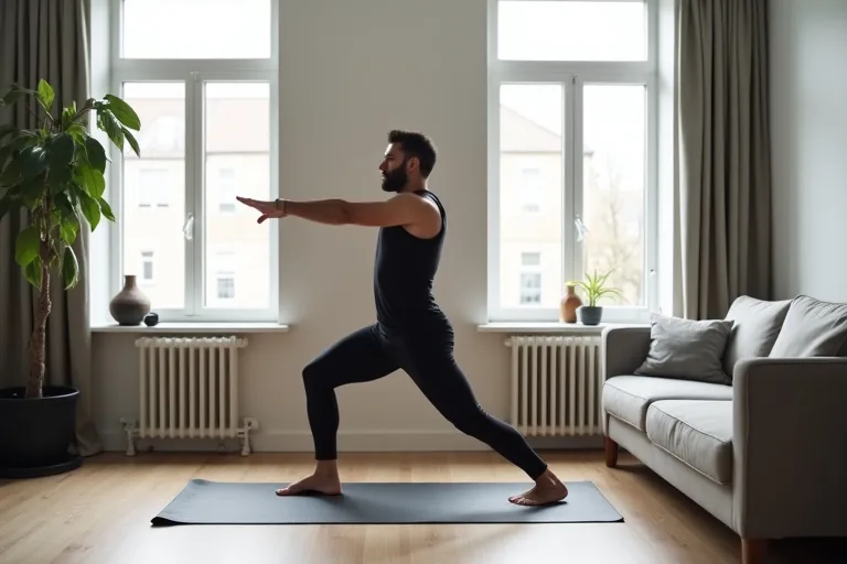 En man tränar hemmaträning utan redskap på en yogamatta i ett litet vardagsrum.