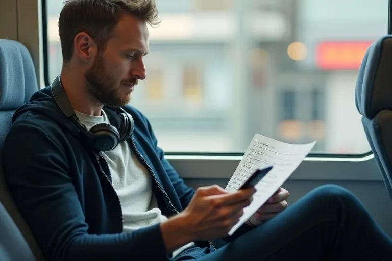 En man sitter på ett tåg och jämför hörlurar med mobilen i handen inför ett köp.