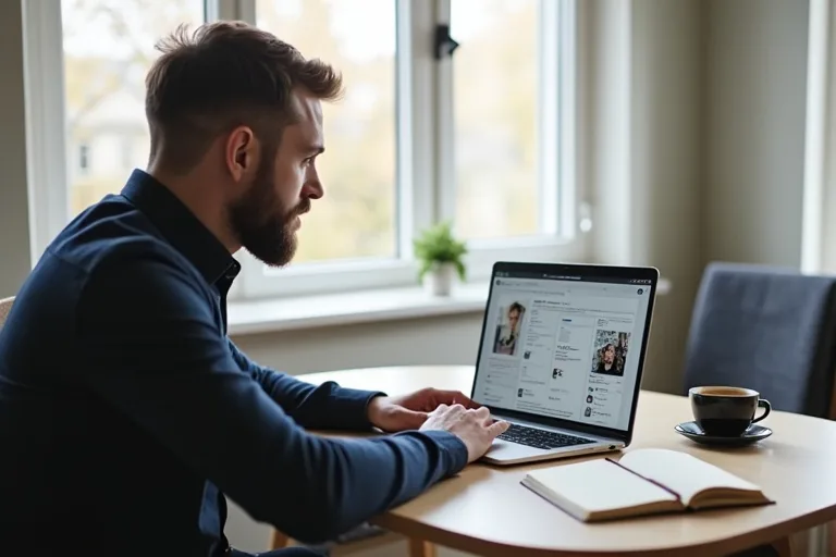 En man sitter vid en laptop och går igenom sin LinkedIn-profil i en lugn hemmamiljö.