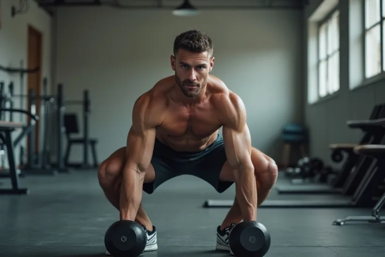 En man gör en kontrollerad goblet squat med hantel i ett gym medan han fokuserar på tekniken.