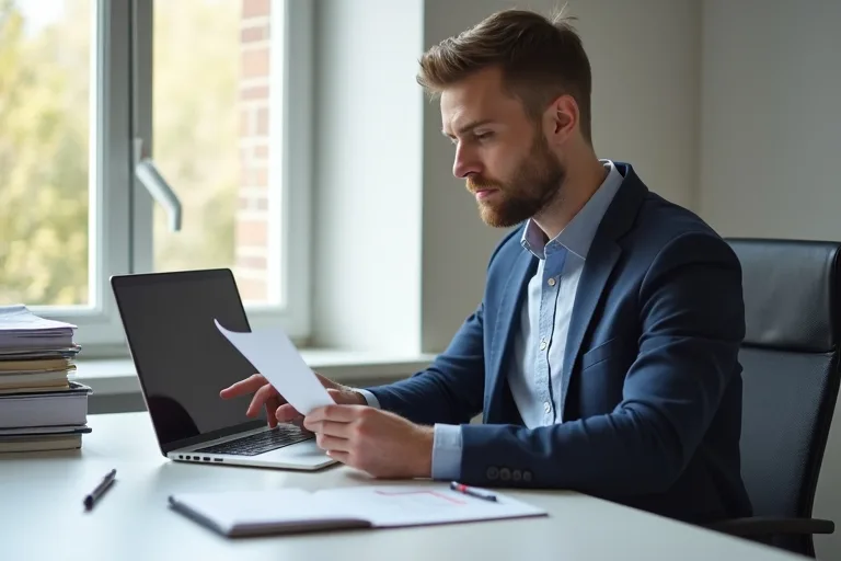 En man granskar sitt CV vid ett skrivbord med laptop, anteckningsblock och utskrivna papper i en lugn arbetsmiljö.