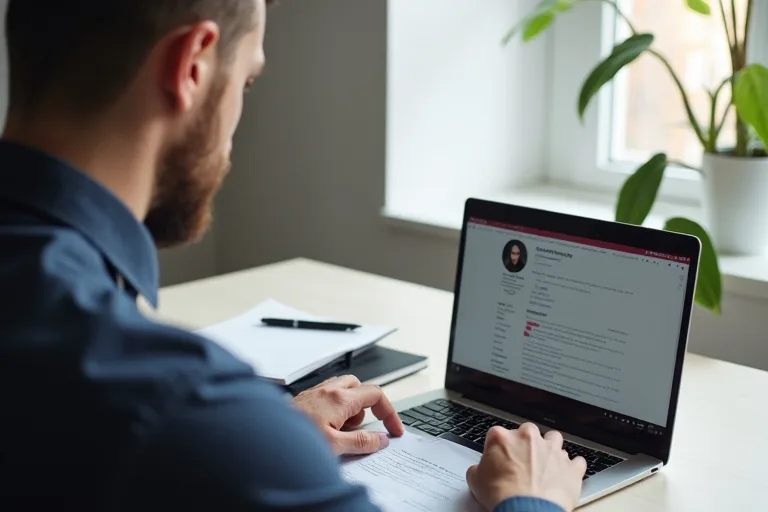 En man sitter vid ett skrivbord och går igenom sitt CV på en laptop med utskrivna papper och en penna bredvid.