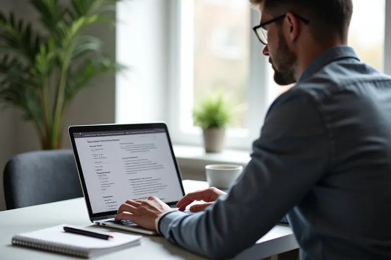 En man sitter vid ett skrivbord och redigerar sitt CV på en laptop i en lugn hemmamiljö.